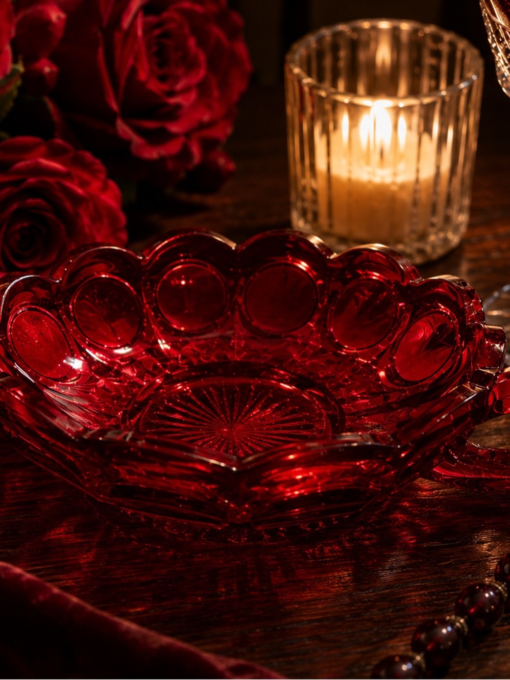 Vintage Ruby Red Fostoria Coin Glass Handled Nappy Dish